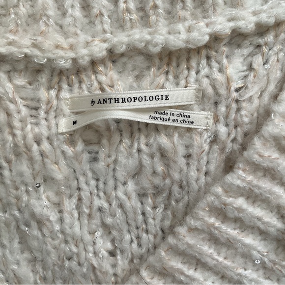 Anthropologie Fringed Pullover V-Neck Ivory Silver Threads Sweater Size Medium - Picture 6 of 13